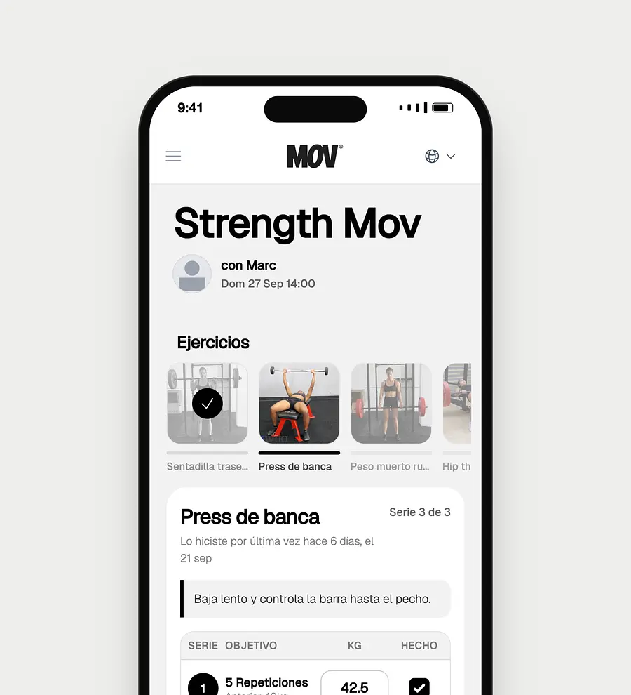 MOV app screen displaying a strength training workout class with exercise list and bench press details