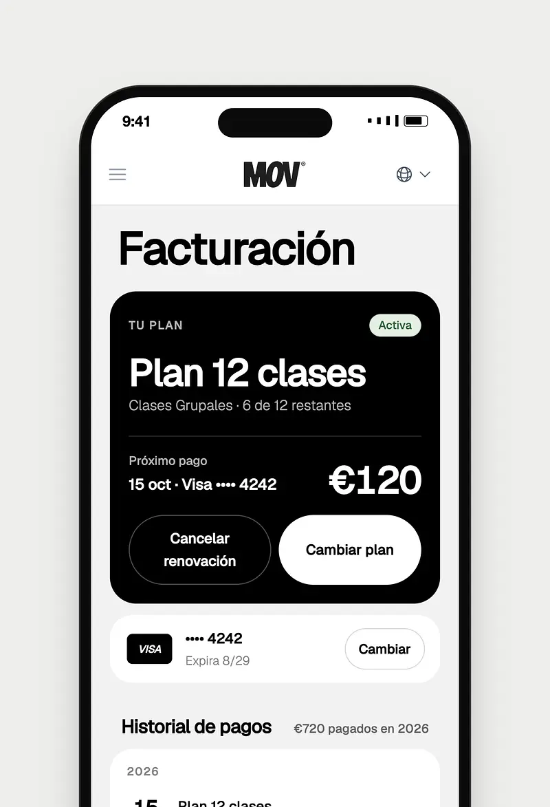 Invoicing page showing a twelve-class gym plan with active status and payment information