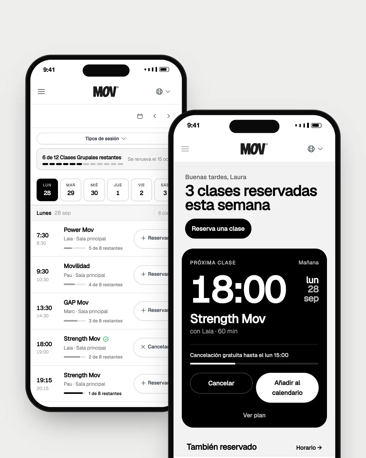 Smartphone screens displaying a fitness class booking app with timetable and reservation options